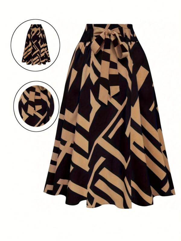 Women's A-Line Skirt with Adjustable Waist Bow - Black & Beige Geometric Print, Flared Hem, Machine Washable, All-Season Versatile for Casual, Office & Vacation Wear, Cute Skirts, Nontransparent Fabric - Image 3