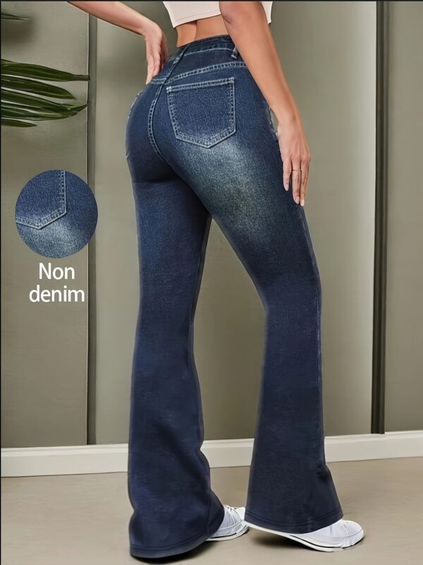 【imitation denim】Ladies' High-Waisted Flared Leggings - Faux Denim Printed Stretchy Long Pants, Suitable for All Seasons, Machine Washable, Non-Transparent Faux Denim Style Casual And Formal Trousers, Comfortable And Fitted High-Waisted Skinny Pants. - Image 3