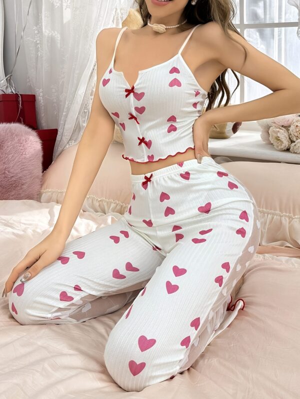 Women's Pajama Set with Pink Heart Print, Spliced Mesh Back and Cute Stripes for Comfortable Wear - Image 8