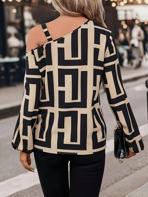Women's Elegant Off-Shoulder Geometric Print Blouse - Stylish Asymmetrical Loose Fit Top with Chain Detail, Black & Beige Pattern, Perfect for Spring/Summer Outfits - Image 2