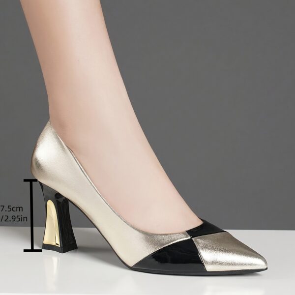 Women'S Pointed Toe Block Heel Pumps - Golden & Black Synthetic Cover Dress Shoes with Sparkling Accents, 8.99cm High Heels for All-Season Formal & Professional Wear, High Heel Shoes, Formal Footwear, Elegant Footwear, Durable Rubber Sole - Image 5