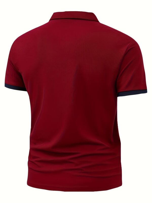Men'S Navy Blue Geometric Print Polo Shirt - Casual Short Sleeve with Red Trim, Button-Up Collar, Lightweight & Breathable for Summer Outdoor Activities, Summer Casual Wear | Geometric Pattern Shirt | Comfortable Fit - Image 5