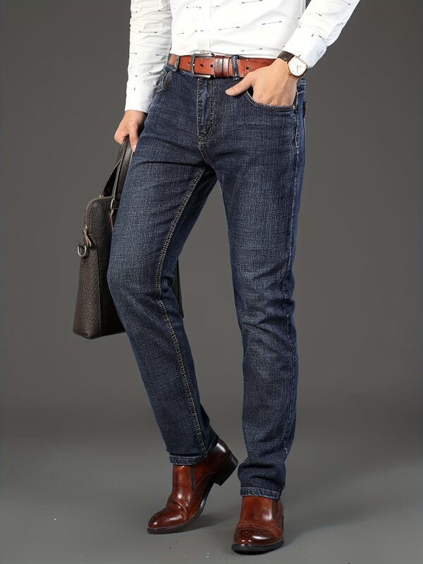 1pc Men'S Classic Denim Jeans - All-Season Stretch Regular Fit Solid Color Washed Basics, 64.5% Cotton, 33.5% Polyester, 2% Spandex, Woven Fabric, Casual Business Work Pants - Image 10