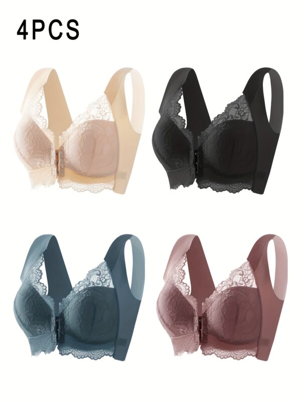 (4pcs Mixed Color Set) Soft And Comfortable Front Buckle Bra, Elegant Lace Wireless Push-Up Bra Women'S Underwear And Bra - Image 7