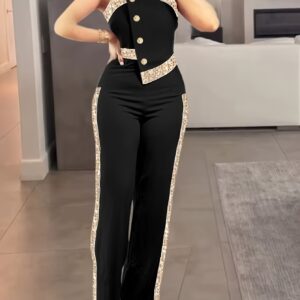 Graceful Strapless Top with Color-Block Decoration and Casual Pants Two-Piece Set, Women's Clothing