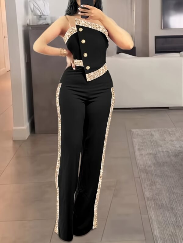 Graceful Strapless Top with Color-Block Decoration and Casual Pants Two-Piece Set, Women's Clothing