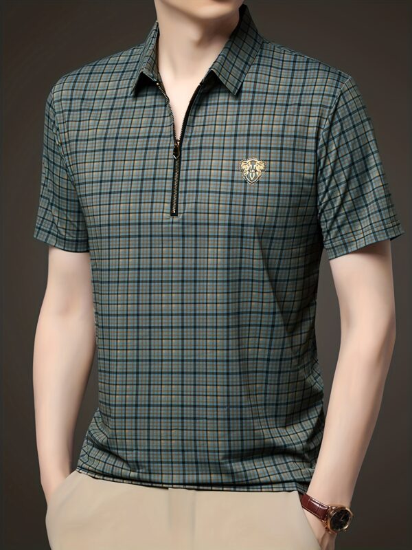Men's Summer Casual Shirt - Dual-Sided Digital Plaid Print, Stretch Fabric & Golden Zipper Accents, Breathable Short Sleeve H-Fit for Outdoor Activities - Image 6