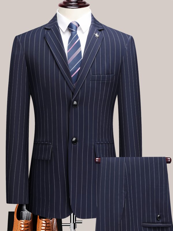 Men'S Striped Suit Set for Business Casual And Formal Events, Featuring a Lightweight Design Suitable for Spring And Autumn. The Two-Piece Suit Is Durable, Wrinkle-Resistant, And Does Not Adhere to Hair, with a Double Button Closure. - Image 2