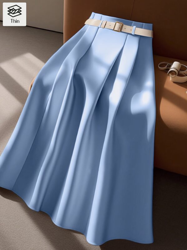 Women's Elegant Belted A-Line Midi Skirt - Adjustable Waist with Decorative Buckle, Flared Hem, Solid Color, Machine Washable for Spring Summer Fall, Casual Chic Wear, Smooth Fabric Finish - Image 2
