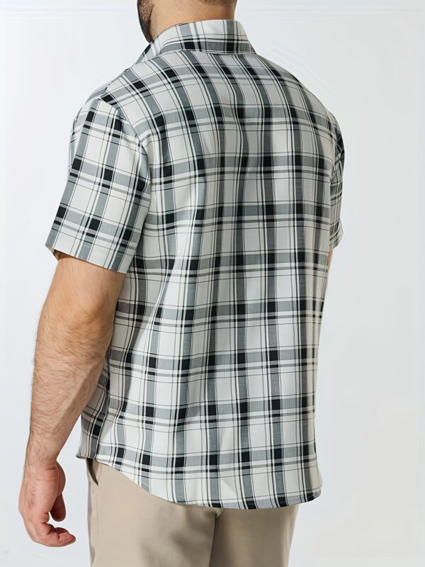 Men's Stylish Black & White Plaid Button-Up Shirt with Chest Pocket - Short Sleeve, Classic Collar, Casual Summer Wear, Polyester Fabric, Mature Design - Image 3
