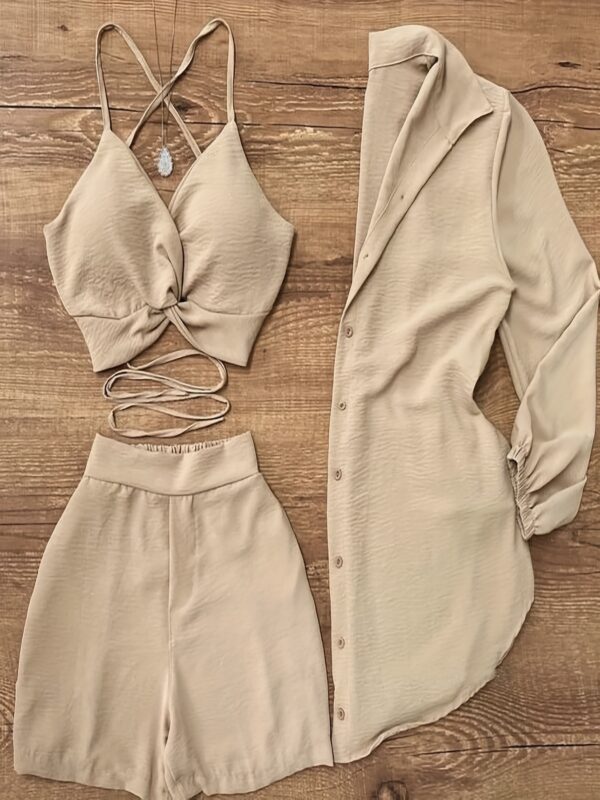 Khaki Charm Three-Piece Set: Blazer, Vest, and Shorts - Stylish V-Neck Lace-Up Blazer with Button Details, Solid Color Polyester, Perfect for Spring/Summer