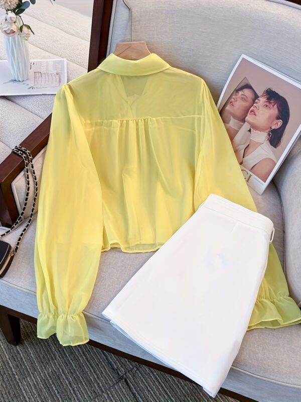 Women's Lapel Neckline Sheer Top Shirt White Casual Pants Set 2pcs Spring Summer Suit NS702 - Image 3