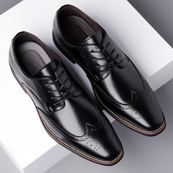 Men's Genuine Leather Brogue Derby Shoes - British Style Lace-Up Formal & Casual Dress Shoes with Round Toe, Breathable Perforations, Cushioned Insole & Non-Slip Rubber Sole for Weddings, Office, Daily Wear, Office Footwear, Elegant Footwear, Durable Construction, Business Attire - Image 2