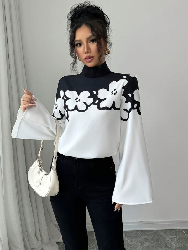 Elegant Floral Print Long Sleeve Stand Collar Shirt for Women - Polyester, Flutter Sleeve, Zipper Closure, All Seasons, Adult Size, Woven Fabric, 120 g/m² - Image 4