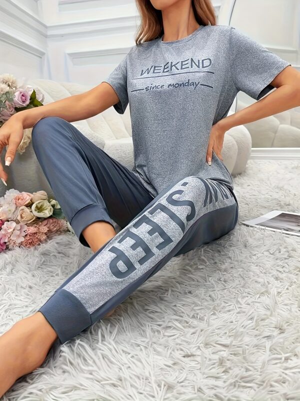 Color Block Casual Short Sleeve Long Pants Women's Pajama Set - Image 4