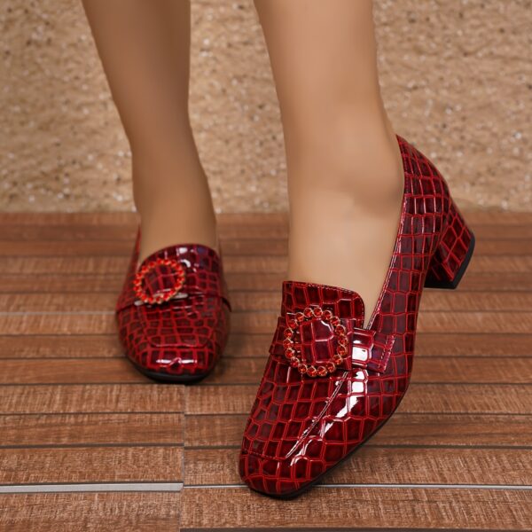 Women's European-Inspired Square-Toe Mary Jane Shoes with Crystal Accents - Lightweight Synthetic Cover Mid Block Heel, All-Season Comfort & Non-Slip Rubber Sole - Red/Green/Black, Semiformal Footwear, Sophisticated Shoe Design, Textured Shoe Surface - Image 7