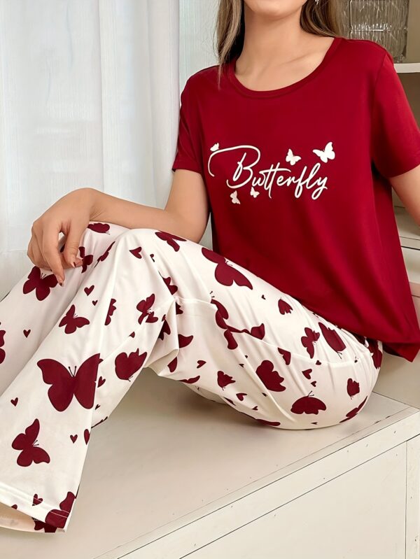 Women'S Casual Pajama Set with Red Butterfly Print and Letter Design, Long Pants, Round Neck - Comfortable and Stylish Sleepwear for All Seasons, Everyday Loungewear|Playful Pajama Set|Butterfly Print Pants