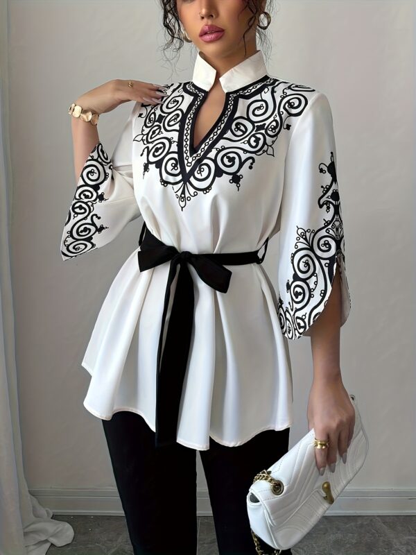 Women's Elegant Printed Loose-Fit Mid-Length Shirt with Waist Tie - Image 5