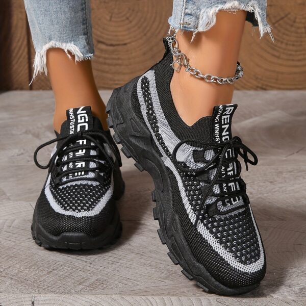 Women's Fashion Breathable Mesh Sneakers - Comfortable Low-Top Casual Lace-Up, Thick Sole Sneakers in Black/White, Beige/Grey, and Blue/Pink, Geometric Pattern, All-Season Wear - Image 10