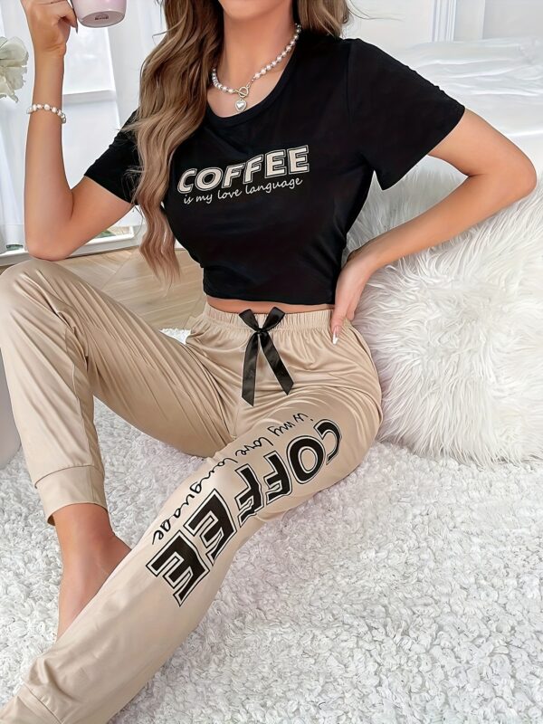 Slogan Print Pajama Set, Casual Short Sleeve Round Neck Top & Bow Joggers, Women's Sleepwear - Image 16