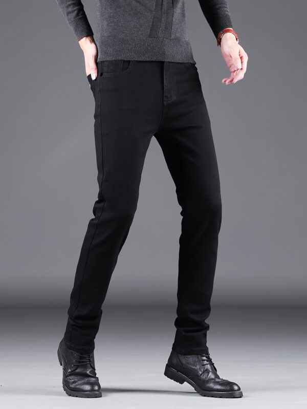 1pc Men'S Basic Black Jeans, Cotton Blend, 65% Cotton 35% Polyester, Slight Stretch, Solid Color, Regular Fit, All-Season, Woven Fabric, Raw Wash Detail, Regular Length - Ideal for Adults - Image 5
