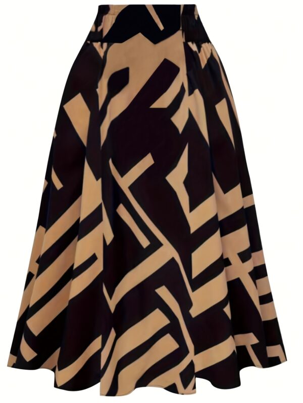 Women's A-Line Skirt with Adjustable Waist Bow - Black & Beige Geometric Print, Flared Hem, Machine Washable, All-Season Versatile for Casual, Office & Vacation Wear, Cute Skirts, Nontransparent Fabric - Image 2