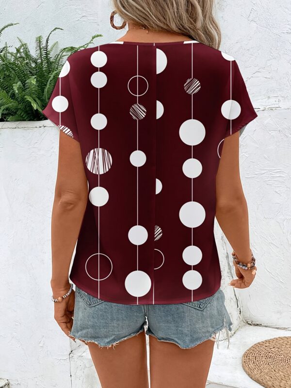 Women's Casual Elegant Geometric Circle Print Round Neck Blouse - Maroon with White Circles, Lightweight Summer Shirt, Machine Washable Non-See-Through Top for Casual & Formal Outfits, Casual Attire, Relaxed Fit Shirt, Nontransparent Fabric, Comfortable Wear - Image 3