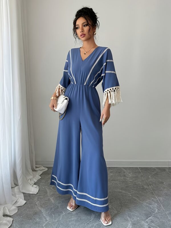 Women'S Elegant V-Neck Jumpsuit with Tassel Sleeves and Ruched Waist - Light Blue Summer Romper for Vacation or Casual Outings, Casual Summer Wear | Ruched Waist Design | Texture