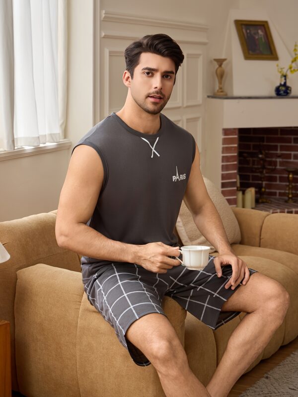Casual and Minimalist Summer Pajama Set for Men: Cool Tank Top and Shorts, Stylish Home Wear Outfit - Image 6