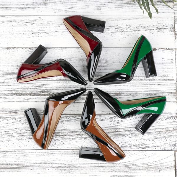 Women's Pointed-Toe Stiletto High Heel Pumps - Glossy Patent PU Cover, Ultra-High Chunky Heel with TPU Sole, All-Season Versatile Dress Shoes for Formal & Casual Occasions (Red, Black, Brown, Green), Versatile Fashion Footwear, Elegant Shoe Design, Polished Finish Shoes