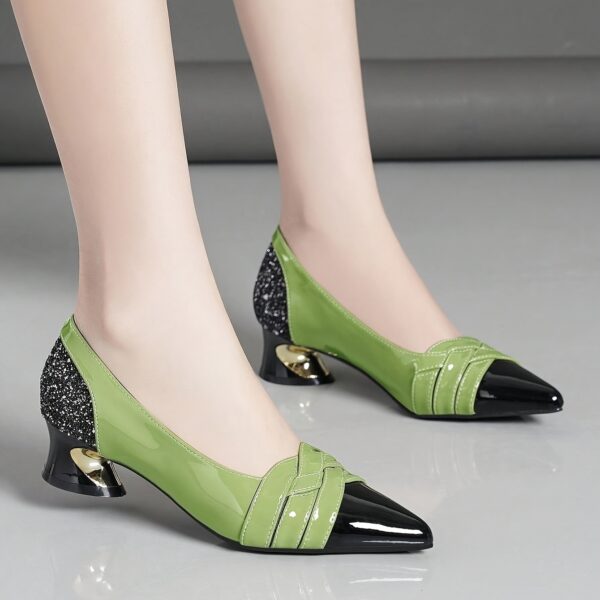 Women's Green & Black Pointed-Toe Block Heel Pumps - Comfortable Mid-Heel Synthetic Cover Dress Shoes with Rubber Sole, All-Season Formal & Casual Wear - Image 4