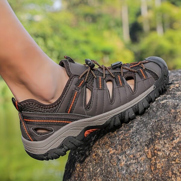 Men'S Breathable Mesh Summer Sandals - Casual Slip-On with Buckle Closure, Black & Orange Striped Design, Rubber Sole for Hiking, Beach & Outdoor Activities, Beach Sandals | Buckle Strap Sandals | Breathable Upper Sandals - Image 7
