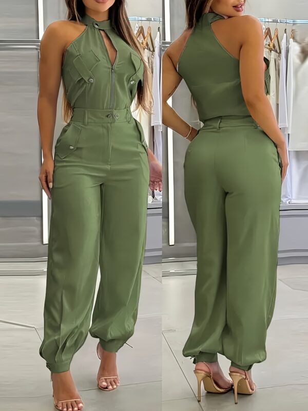 Women'S Casual Beige Jumpsuit with Zipper Detail - Sleeveless, Wide-Leg, High-Waisted, Polyester, Spring/Summer Fashion, Casual Attire|Zipper Detail Jumpsuit|Polyester Fabric - Image 8