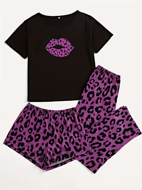 3pcs Lips & Leopard Print Pajama Set, Breathable Short Sleeve Slight Stretch Top + Loose Shorts + Long Pants, Women's Loungewear & Sleepwear - Image 16