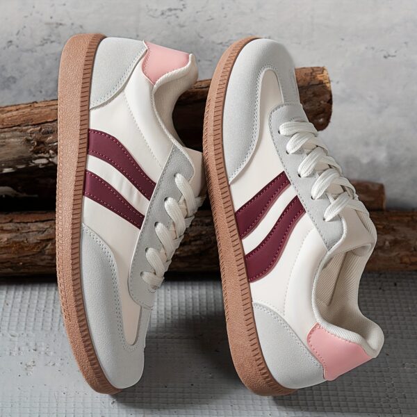 Women's Casual Sneakers - Low-Top Lace-Up Geometric Color-Block Design (White/Navy/Red) | Synthetic Cover & Fabric Upper, Breathable EVA Cushion & Durable PVC Sole | Spring Fashion Versatile Shoes for Daily Commute, Students & Casual Outfits, Ladies Sneakers - Image 3