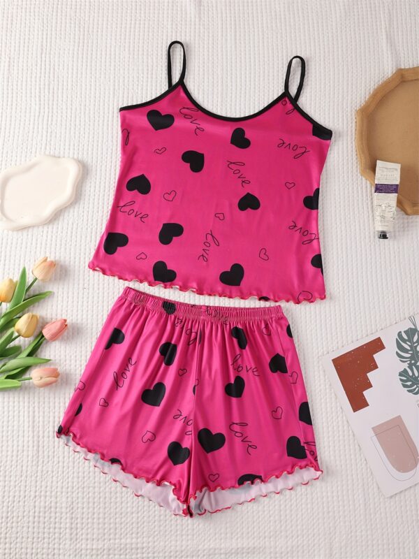 6pcs Women'S Pajama Set, Heart & Love Print, Sexy Spaghetti Strap Top with Shorts, Polyester Knit Fabric, All-Season Sleepwear for Adults - Image 6