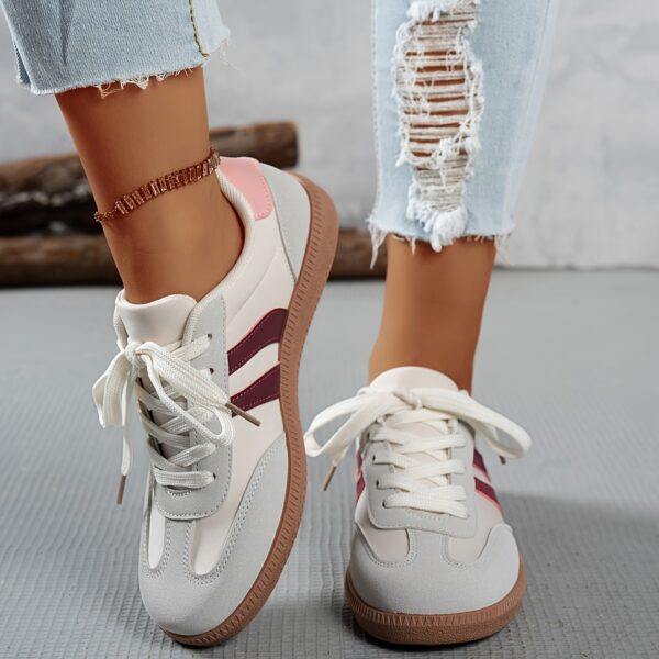 Women's Casual Sneakers - Low-Top Lace-Up Geometric Color-Block Design (White/Navy/Red) | Synthetic Cover & Fabric Upper, Breathable EVA Cushion & Durable PVC Sole | Spring Fashion Versatile Shoes for Daily Commute, Students & Casual Outfits, Ladies Sneakers - Image 8