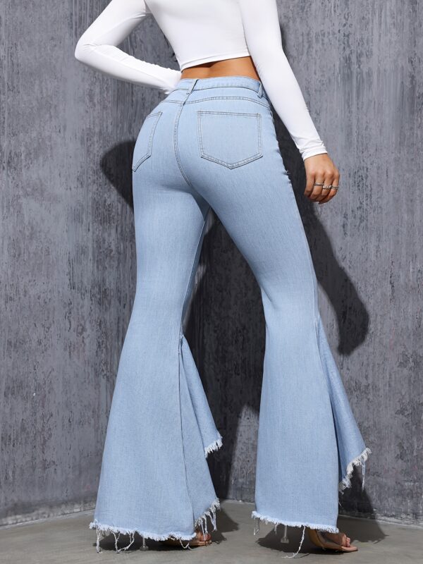 Ripped Raw Hem Flare Leg Bell Bottom Stylish Distressed Plain Washed Blue Elegant Jeans Denim Pants, Women's Denim Jeans & Clothing For Autumn - Image 3