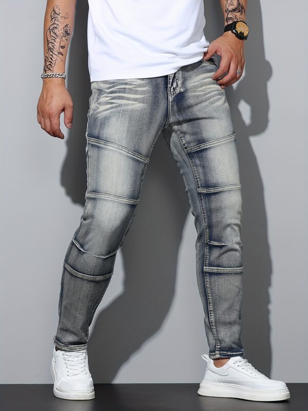Men's Blue Stretch Denim Jeans - Regular Fit Streetwear Style with Mid-Stretch Comfort, Machine Washable, All-Season Casual Pants for Urban Fashion, Comfortable Fashion - Image 6