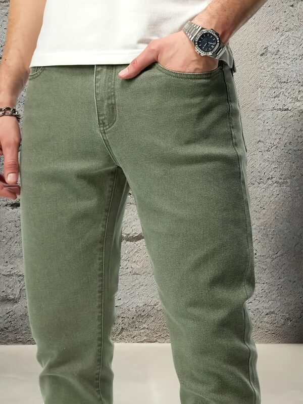 Men's Stretch Slim-Fit Straight-Leg Jeans - Mid-Stretch Comfort, Mid-Rise Waist, Button Closure, Machine Washable, All-Season Casual Wear for Everyday Outings, Versatile Clothing, Sleek Straight Legs, Comfortable Fit, Leisure Outfit, Modern Style, Durable Material, Stretchy Pants, Adult Clothing - Image 4