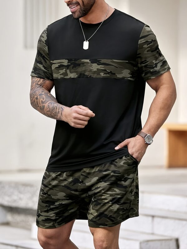 Men'S Pajama Set with Camo Shorts - Stylish Black & Camouflage Sleepwear, Elastic Waistband, Short Sleeves, Relaxed Fit for All Seasons - Image 2