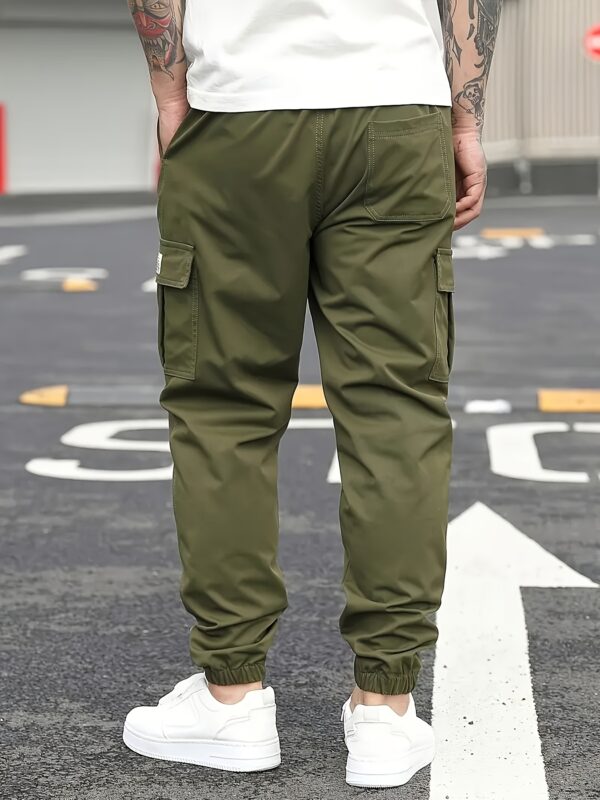 Men'S Casual Solid Color Cargo Pants, Multi-Flap Pocket Drawstring Trousers, Loose Fit Outdoor Work Pants, Streetwear Hip-Hop Style, 100% Polyester, Non-Stretch Woven Fabric, 190gsm - Regular Fit - Image 9