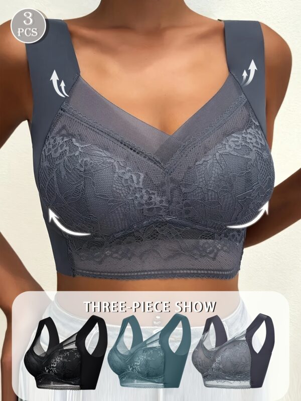 3pcs Women'S V-Neck Lace Bras - Solid Color, Breathable Mesh, Full Coverage, Elegant High Elasticity, Wireless with Floral Lace Detail, Perfect for Yoga & Sports - Image 2