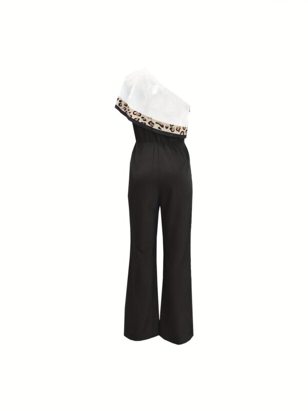 Women'S Elegant Off-Shoulder Jumpsuit with Leopard Print Trim - Chic Short Sleeve, Long Pants, Belted, Geometric Pattern, Summer Style, Black & White, Casual Chic, Elegant Offduty Jumpsuit | Chic Offshoulder Style | Strapless Design, Jumpsuit for Women - Image 5
