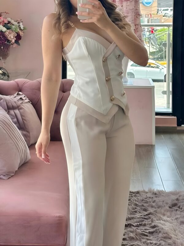 Elegant Two-Piece Color Block Set - Sleeveless, Strapless, Casual Fashion with Fake Buttons, Spring/Summer Style, Casual Attire|Strapless Top|Pleated Detail