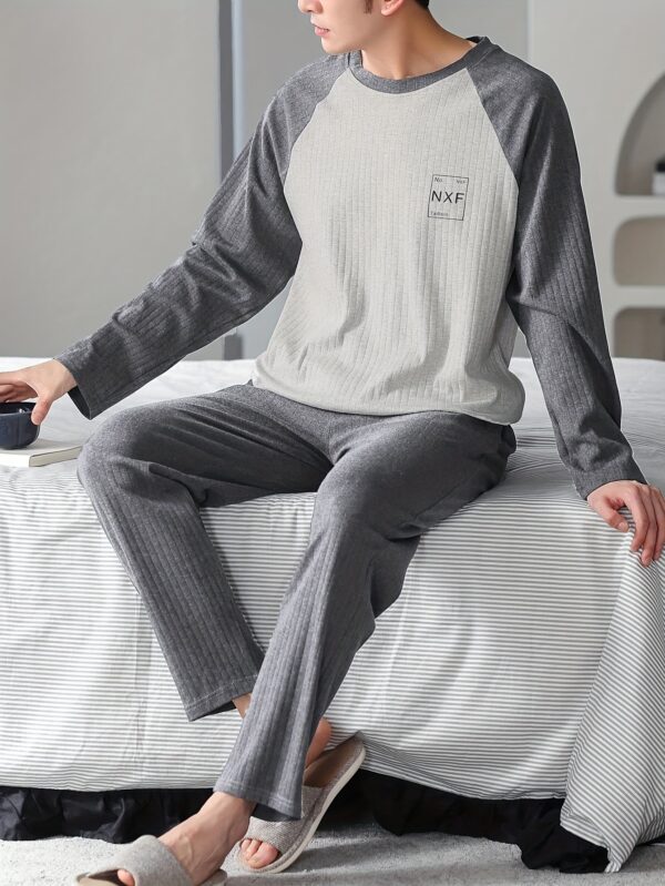 Two-Piece Men'S Cotton Pajamas And Sleep Pants Spring And Autumn Round Neck Breathable Sweat-Absorbent Home Clothes, Sweat-Resistant