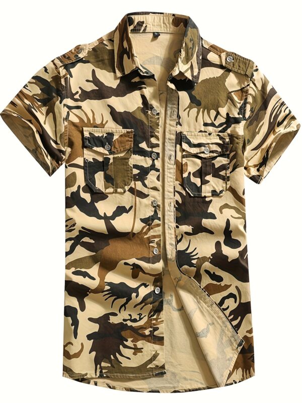 Men's Summer Camo Cotton Shirt - Casual Outdoor Short Sleeve with Chest Pocket, Vintage Style, Non-Stretch Fabric, Plaid Print, Regular Pattern, Military Uniform - Image 3