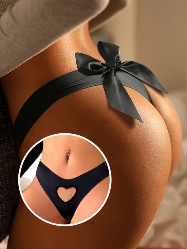 Women'S Sexy Black Thong with Heart Cut-Out & Large Red Bow - Lace Trim, Adjustable Back Strap, High-Quality Fabric for Casual Attire, Casual Attire Thong | Elegant Lingerie | Adjustable Thong - Image 2