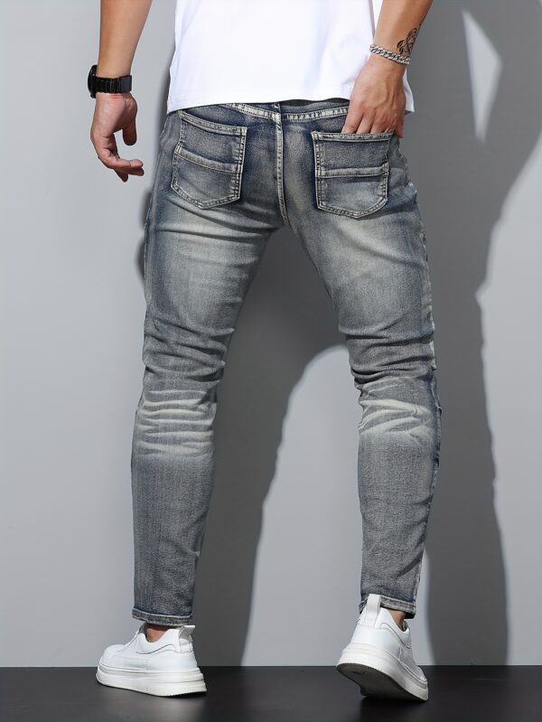 Men's Blue Stretch Denim Jeans - Regular Fit Streetwear Style with Mid-Stretch Comfort, Machine Washable, All-Season Casual Pants for Urban Fashion, Comfortable Fashion - Image 7