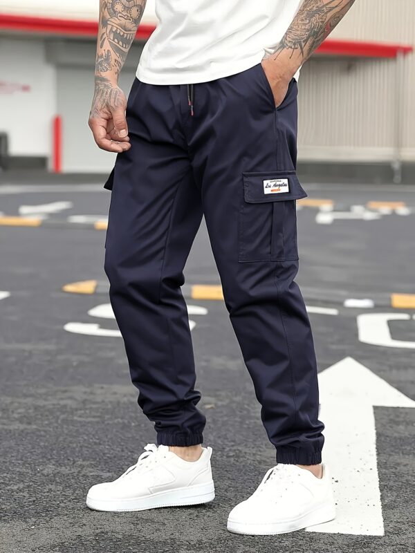 Men'S Casual Solid Color Cargo Pants, Multi-Flap Pocket Drawstring Trousers, Loose Fit Outdoor Work Pants, Streetwear Hip-Hop Style, 100% Polyester, Non-Stretch Woven Fabric, 190gsm - Regular Fit - Image 5